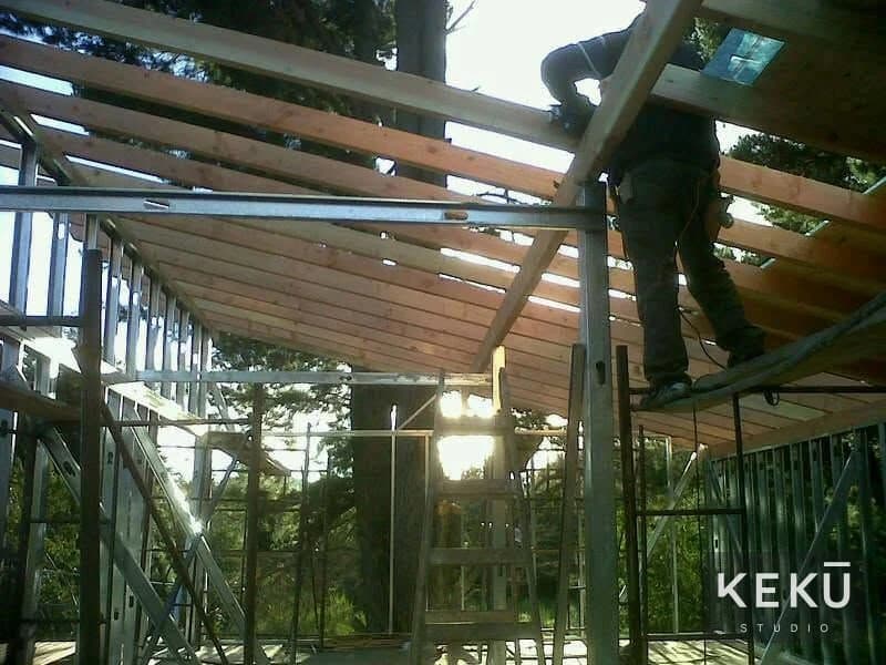 Estructura metálica y cubierta de madera de la vivienda sobre pilotes
